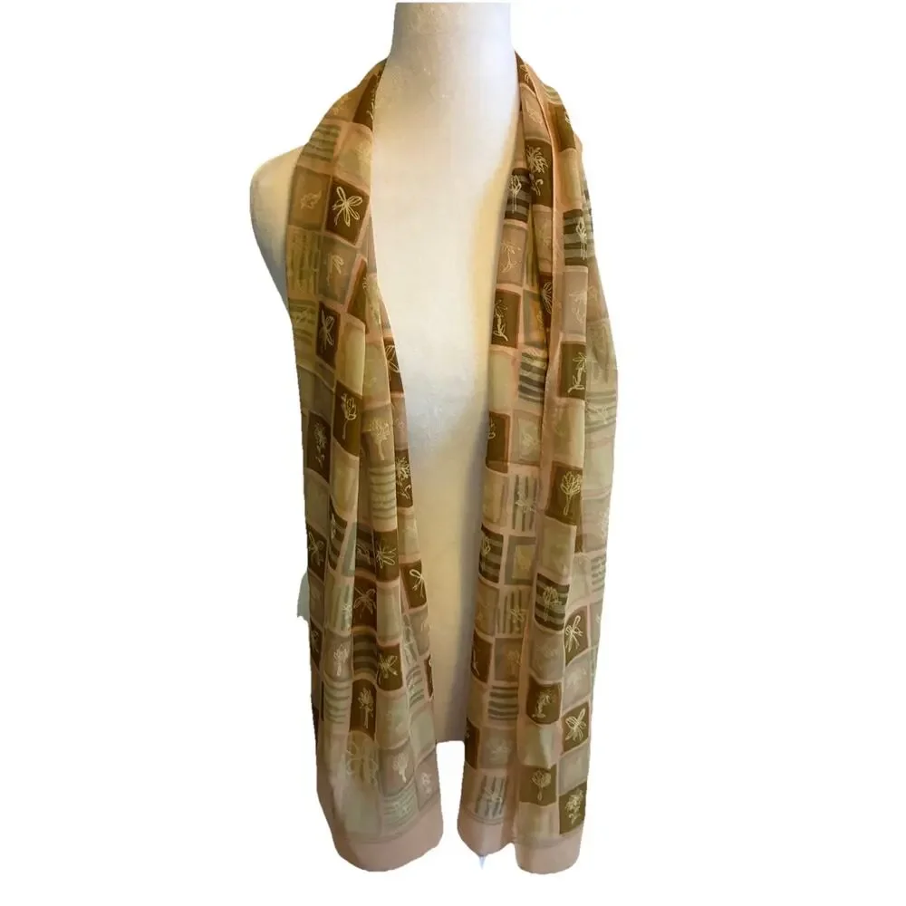 VTG Silk Chiffon Scarf Abstract Geometric Floral Designer Luxury Sheer Elegant